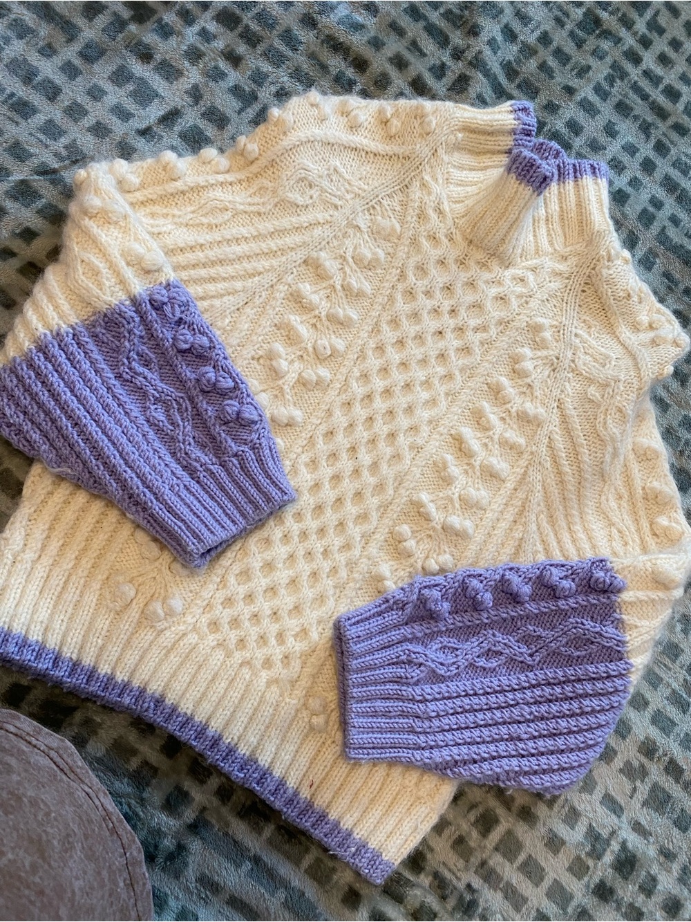 Cream Cable Knit Sweater with Lavender Accents
